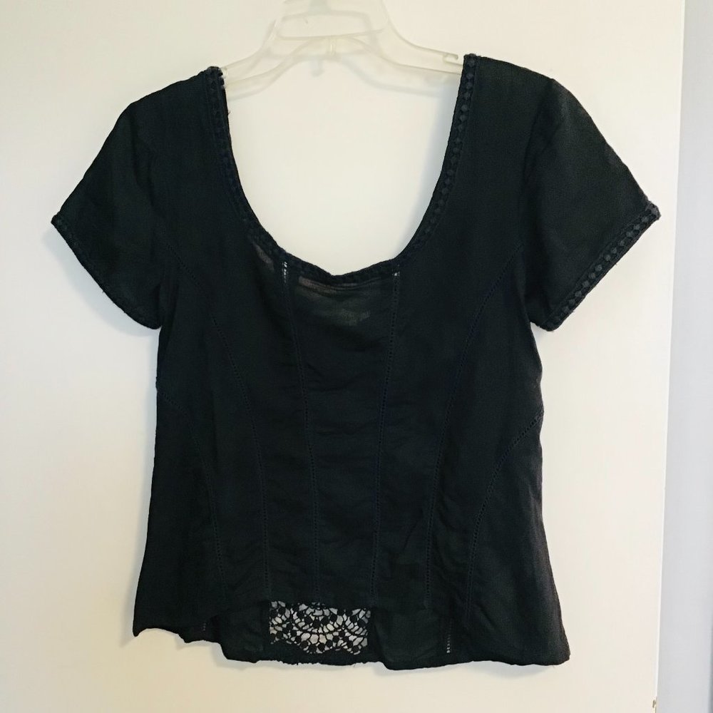 Retrod Short Sleeve Scoop Neck Blouse with Lace Detail